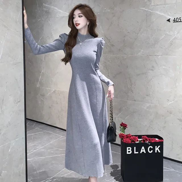 Coat Knitted Dress Women's Bubble Sleeve Grey - Shop at LoveMi