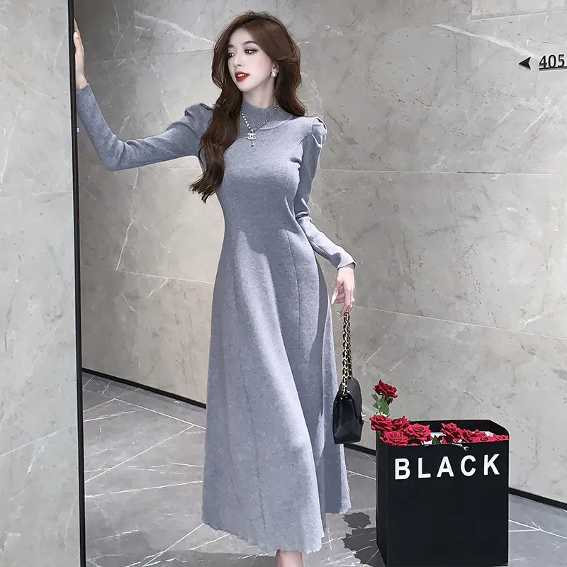 Coat Knitted Dress Women's Bubble Sleeve - Grey