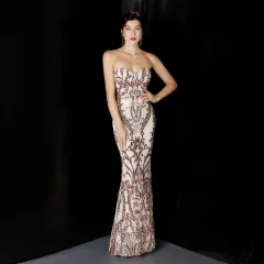 Sequined Long Dress Skirt Prom Party Etiquette Celebration Evening Dress - Gold - View 1