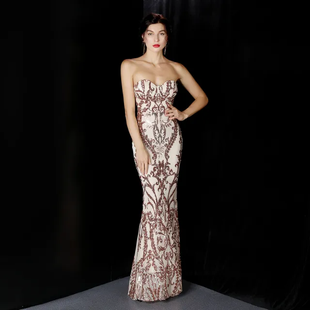Sequined Long Dress Skirt Prom Party Etiquette Celebration Evening Dress Gold - Shop at LoveMi