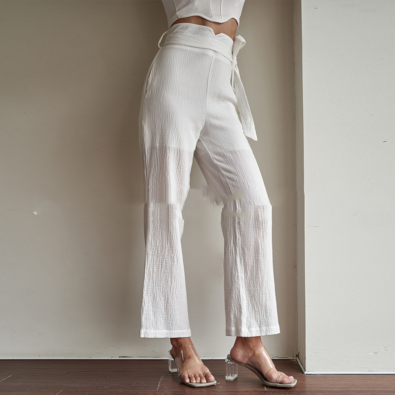 Temperament Commuter White Beltless Flared High Waist Flared PU Waist Cropped Pants White - Shop at LoveMi