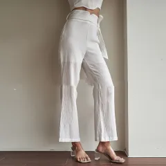Temperament Commuter White Beltless Flared High Waist Flared PU Waist Cropped Pants - White - View 1