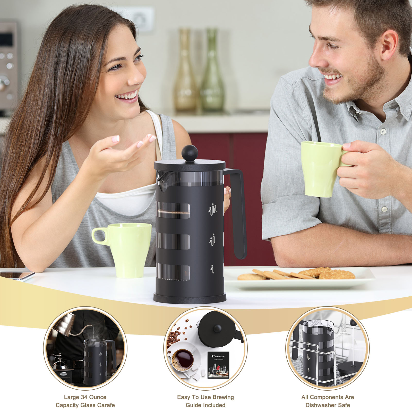 RAINBEAN French Press Coffee Maker - Heat Resistant Glass. FRIENDLY COFFEE MAKER: Unique design with HUMAN-SHAPED logo, means sharing happiness with family and friends! 350ml/12 ounces french press makes 2-3 cups of coffee could enjoy, you could brew deli