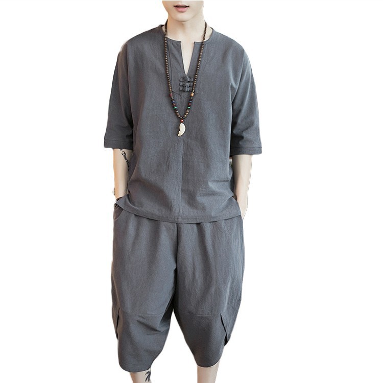 Loose Disc Button V-neck Short-sleeved Bloomers Suit