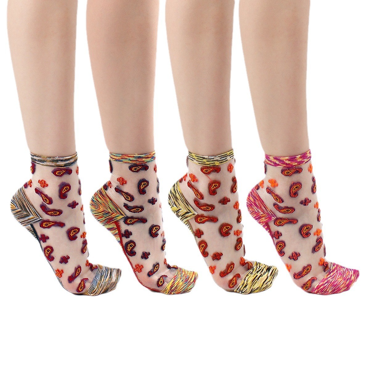 Summer Ultra-thin Crystal Silk Short Socks, Glass Fiber Retro Flower Transparent Breathable Sexy Socks, Cotton Bottom Women's Socks