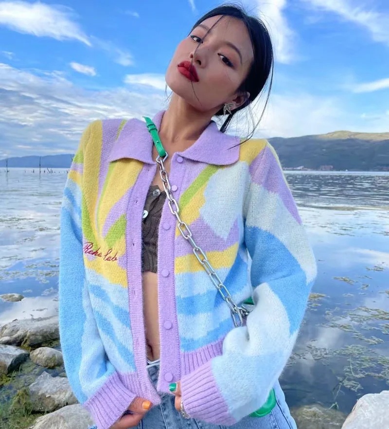 Color Oil Painting Letters Embroidery Knitted Jacket Women