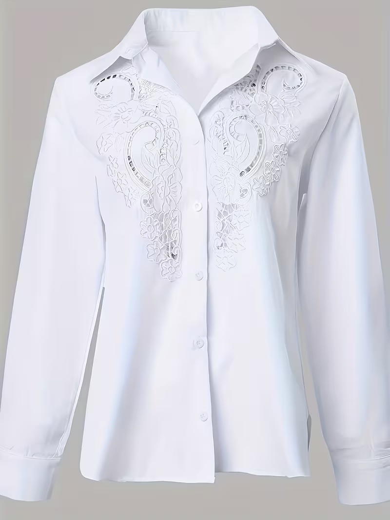 Plus Size  Women'S Plus Size Casual Fashion Temperament Elegant Comfortable Commute Vacation Versatile Embroidered Hollow Craft Solid Color Long Sleeve Shirt — foto 2