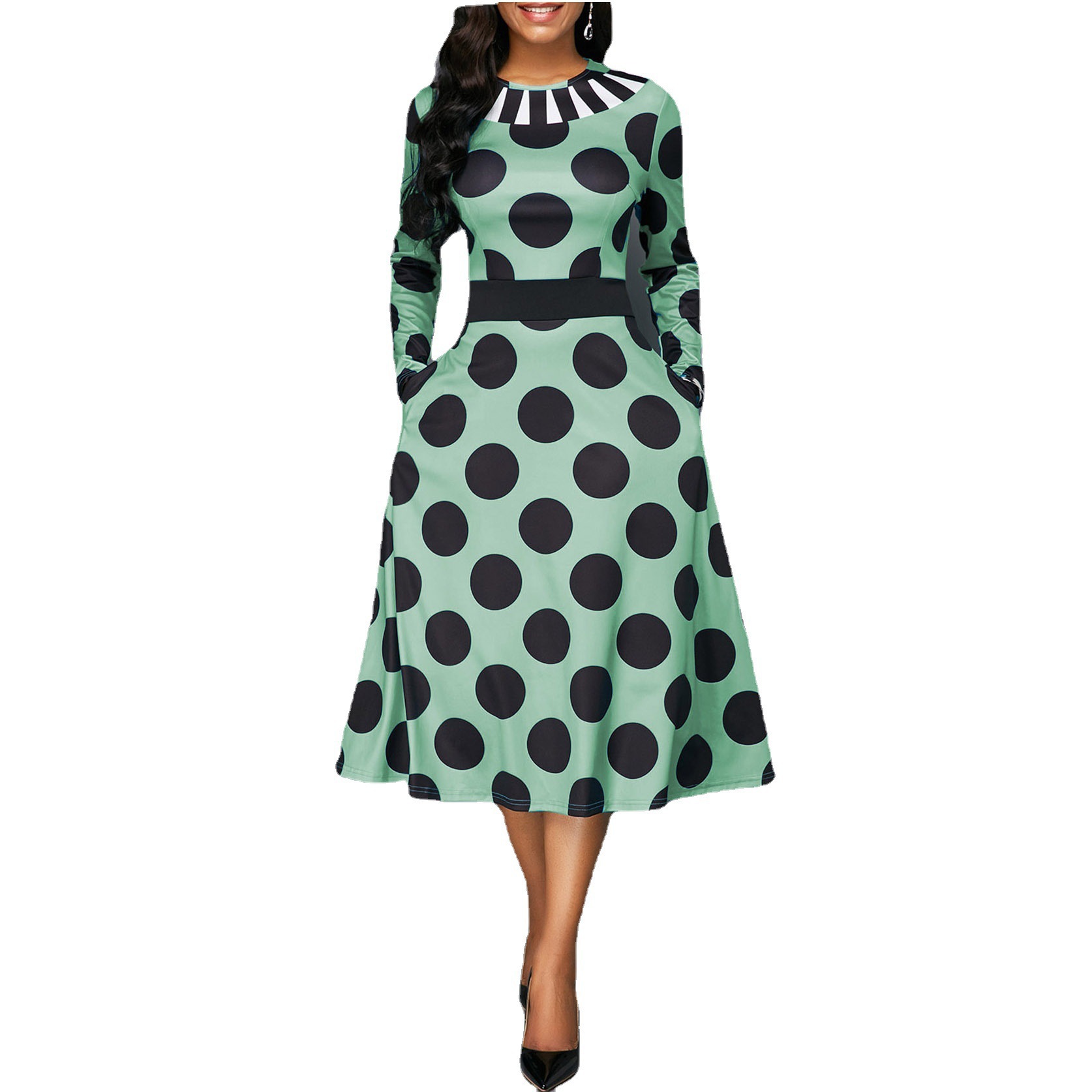 High Waist Polka Dot Vintage Swing Skirt With Pockets And Long Sleeves