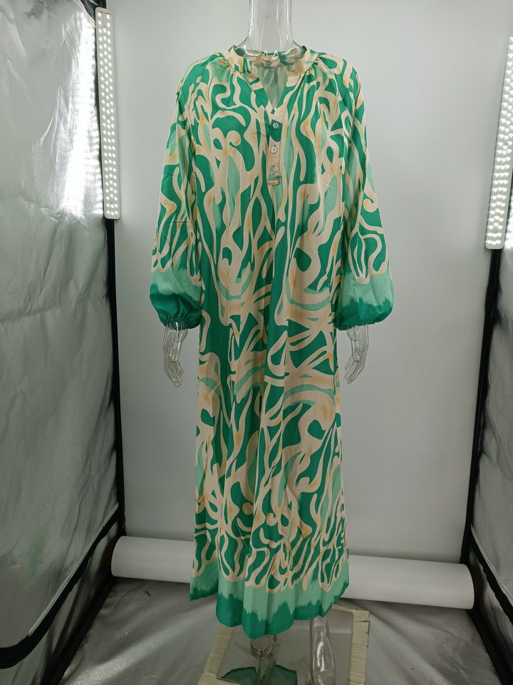 Women's Printed Long Sleeved Dress, V-neck Oversized Loose Dress, Bohemian Style Casual Autumn Women's Clothing