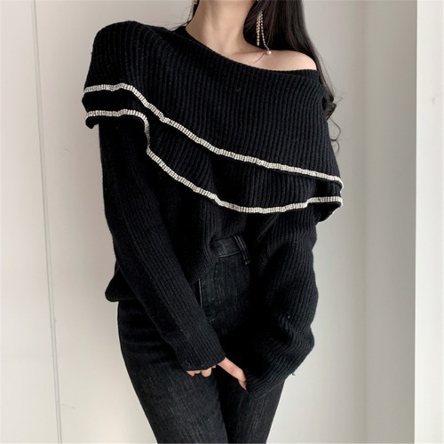Double Layer Ruffle Collar Stitching Bright Silk Edging Small Sexy Sweater