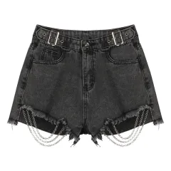 Women's Fashion High Waist Chain Denim Shorts - Black - View 1