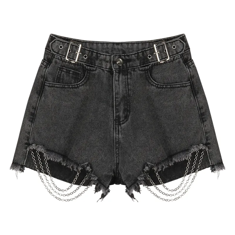 Women's Fashion High Waist Chain Denim Shorts - Black