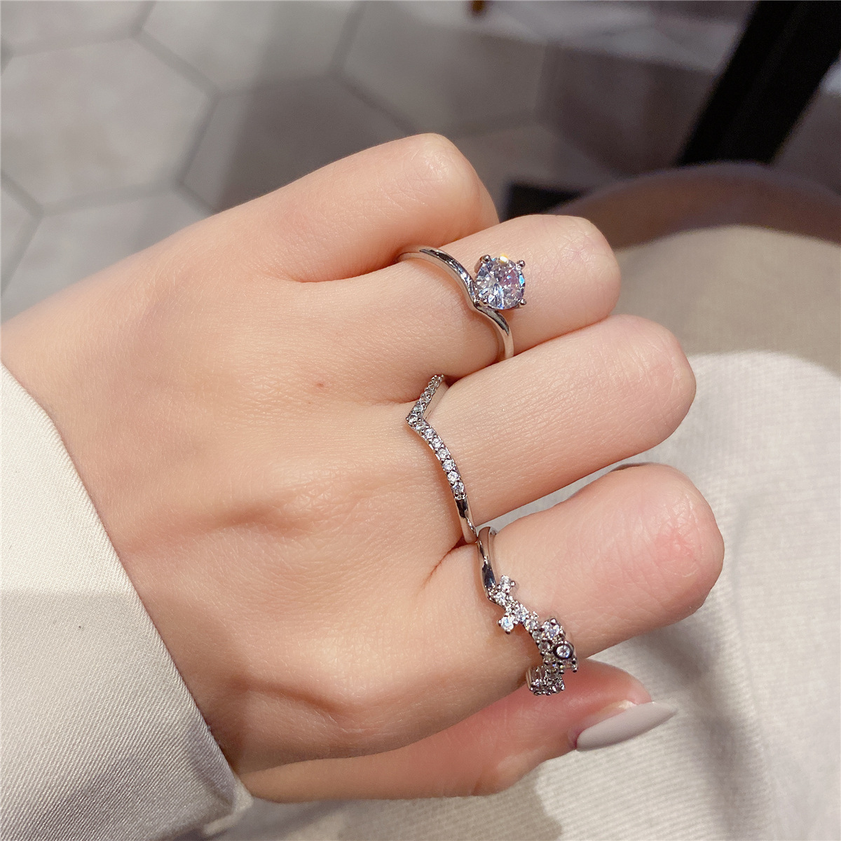 Three-piece Ring Silver Stainless Steel Primary Color Zircon Ring