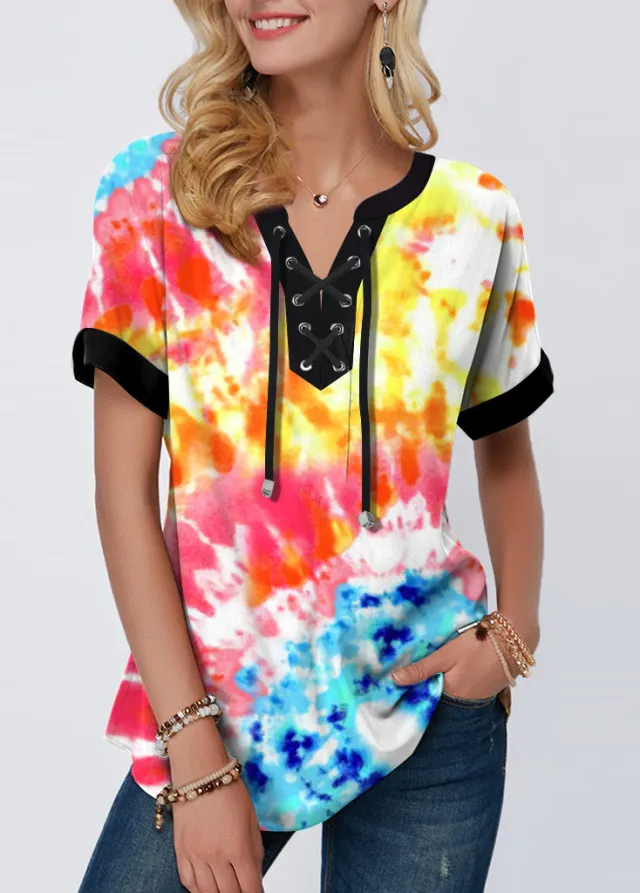 New Summer Print Lace Up Short Sleeved Women's Loose Top 1.Color M - Shop at LoveMi