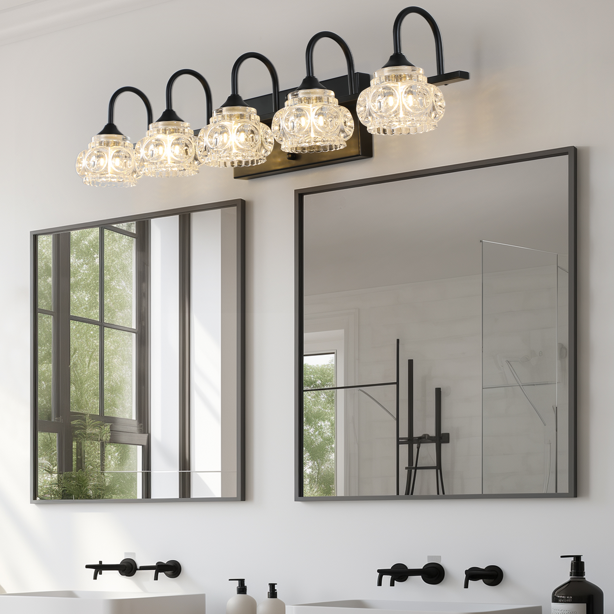 29 Retro 5-Light Bathroom Vanity Light Fixture - Black Finish With Crystal Glass Shades, Wall Mounted Lighting For Bathroom, Powder Room, And Vanity Mirror No Bulbs