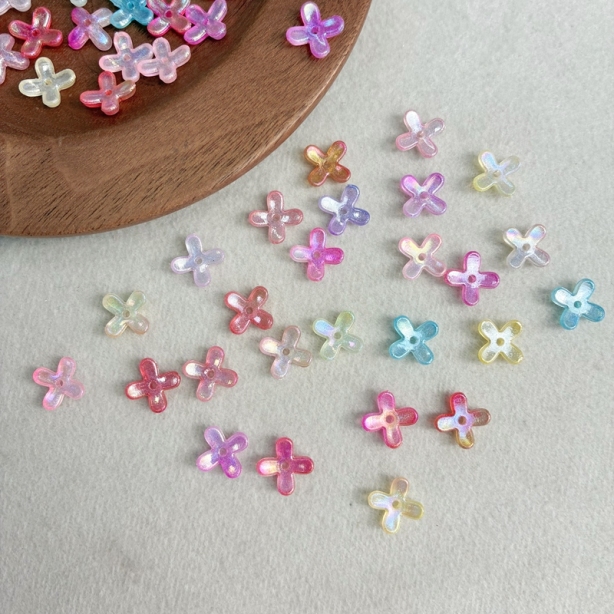 Luminous Glow-in-the-Dark 4-Petal Acrylic Flower Beads, Two-Tone Fine Glitter Center-Hole Charms For DIY Hanfu Hairpin Flower Bases.