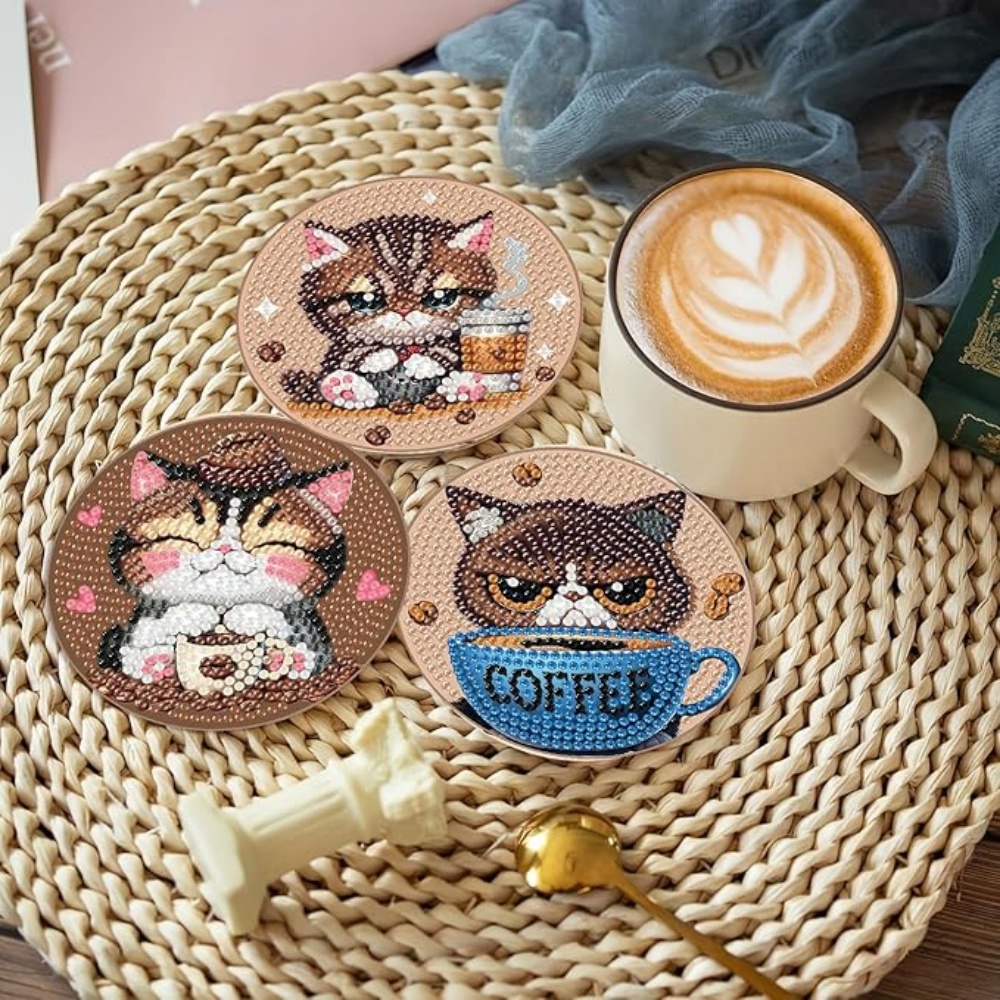 Diamond Art Drawing Coaster With Bracket, DIY Cat Pattern Diamond Art Coaster, Suitable For Adults And Beginners Diamond Drawing Kit, Diamond Kit Craft Supplies, Exquisite Gifts For Friends