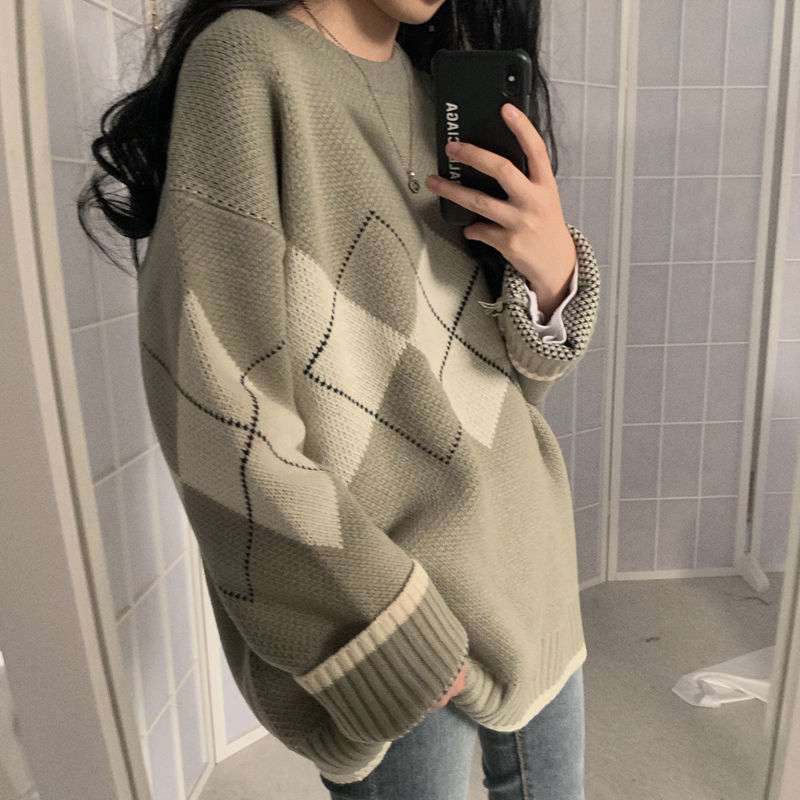 Diamond Loose Retro Slim Hong Kong Style Sweater Women Knit Sweater