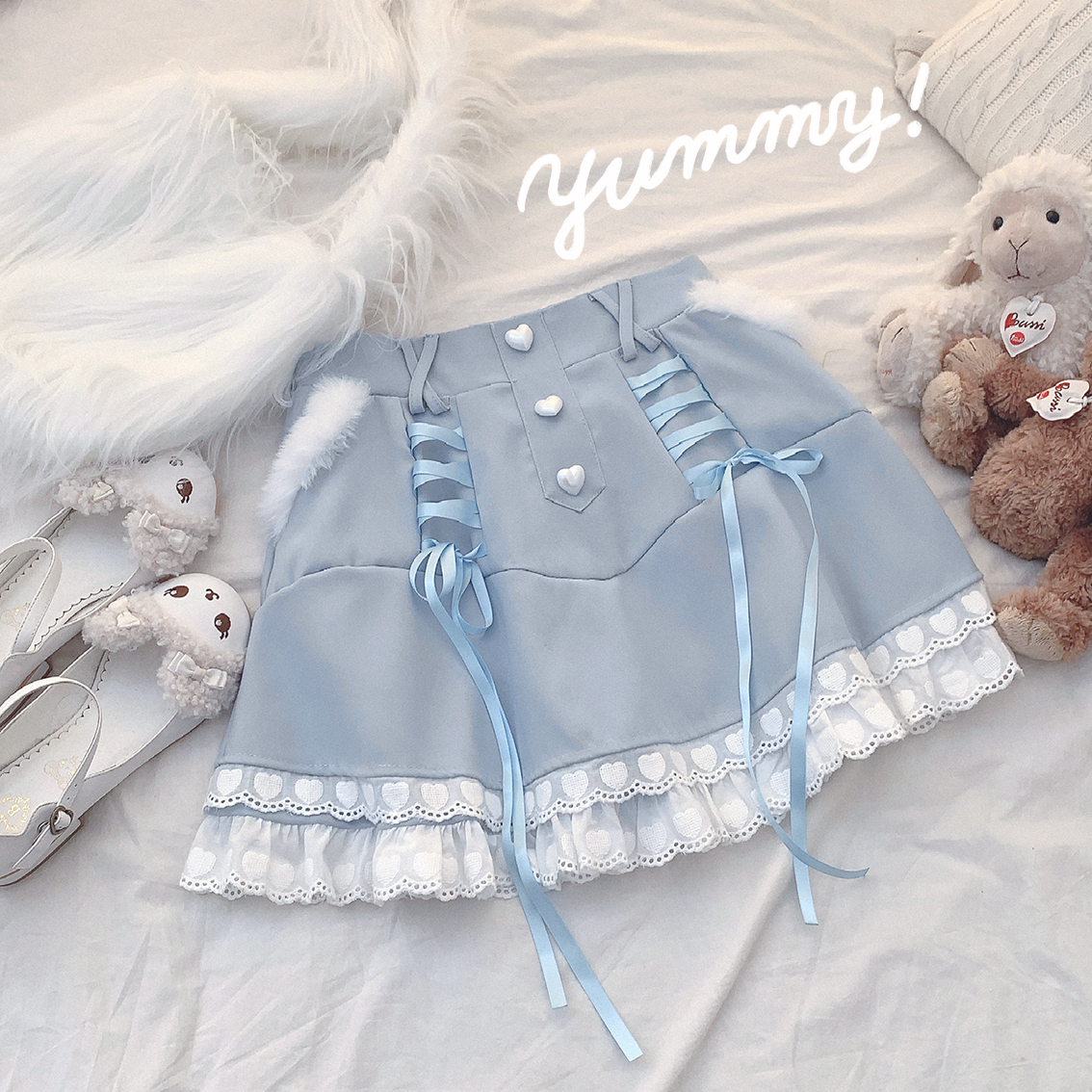 Lace Strap Mine Love Button High Waist Skirt Blue - Shop at LoveMi