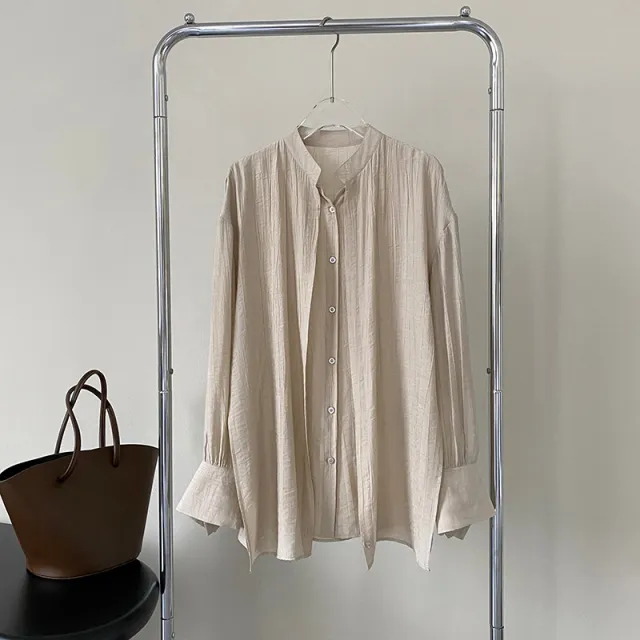 Stand Collar Cross Tie Waist Solid Color Top Apricot - Shop at LoveMi