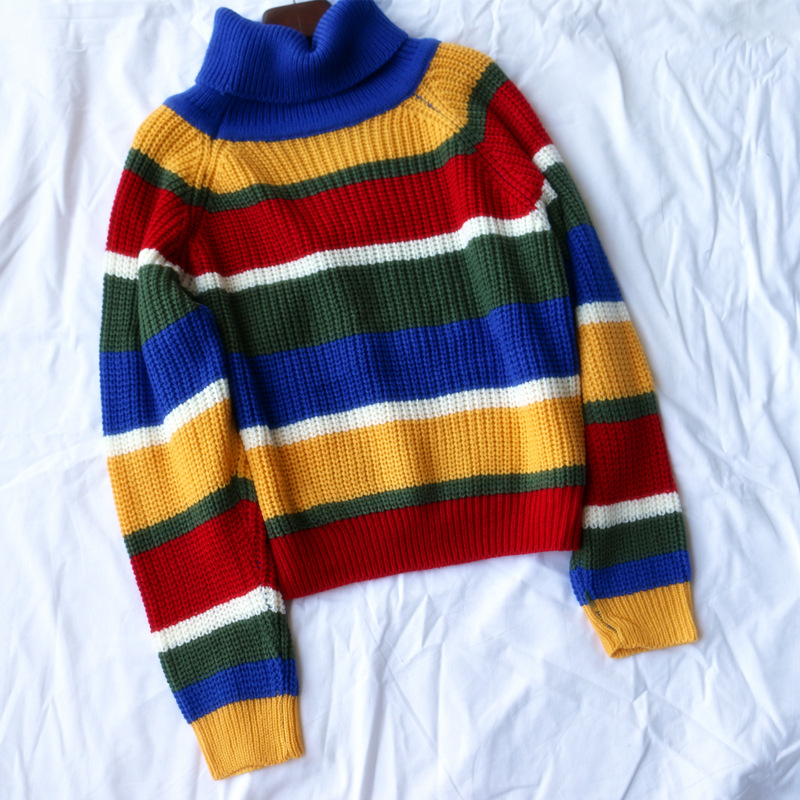 Title 7, Rainbow Stripes Letter Embroidery Turtleneck Lo...