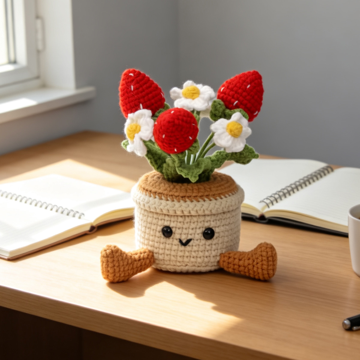 Crochet Strawberry and Blossom Pot Ornament, picture 2 of 3