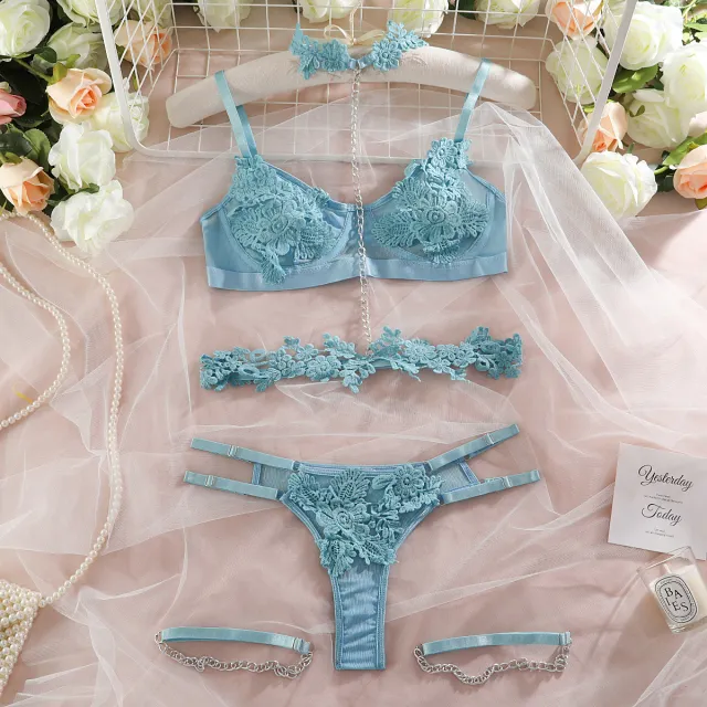 Underwear Suit Water Soluble Lace Chain Gather Suit Blue - Shop at LoveMi