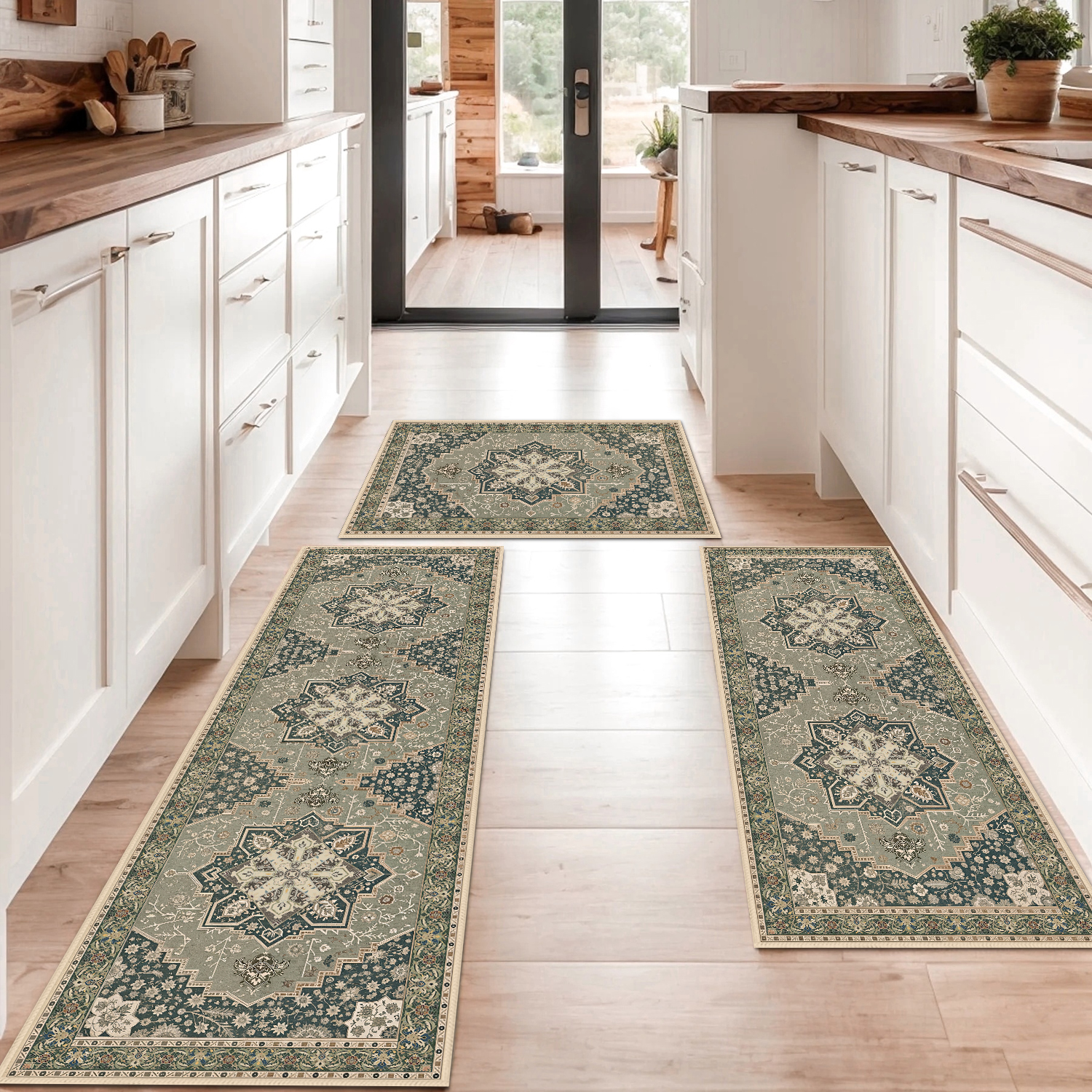 Boho Kitchen Rug Mat Sets 3 Piece, Farmhouse Non Slip Kitchen Rug Runner, Washable Non Skid Kitchen Rugs, Bohemian Kitchen Floor Mat For Entryway Laundry Room 3