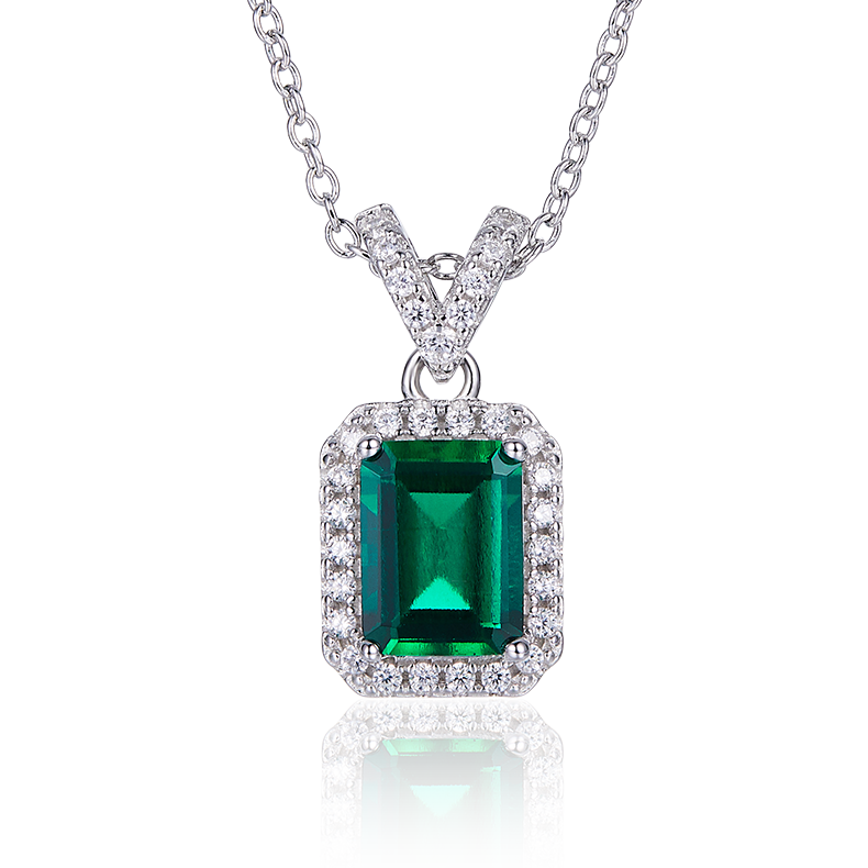 S925 Sterling Silver Emerald Cut Lab-Grown Emerald Pendant Necklace, Halo Setting, Platinum Plated 1.2g, Women's Jewelry Gift Box