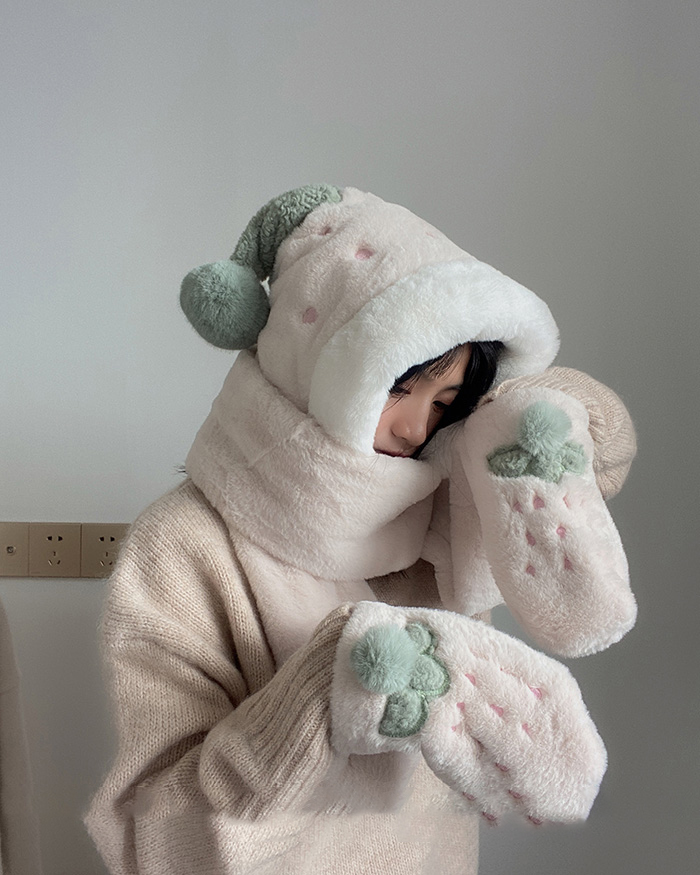 Sweet Fashion Plus Velvet Thickening Rabbit Fur Hat Scarf Gloves