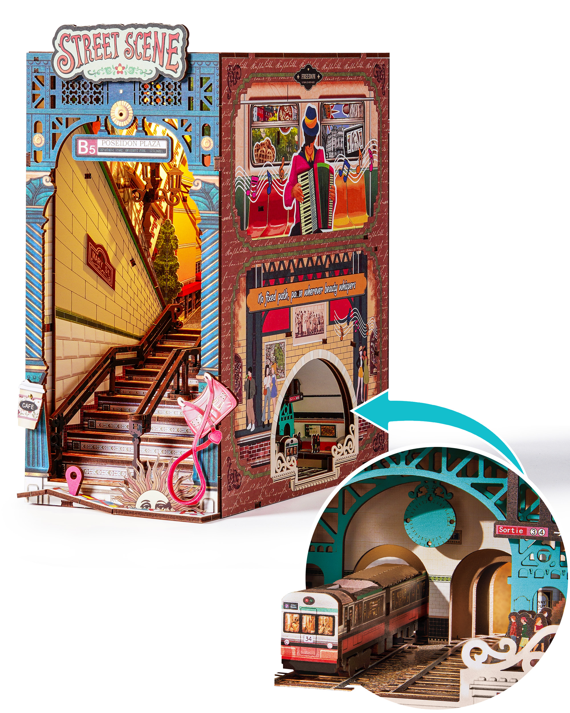 Rolife Urban Street Scene Bookend Set - 3D Subway Scene, 3D Puzzle Set With LED Lights, 196 Wooden Puzzle Pieces, Bookshelf Decoration With Dust Cover, Modern Urban 3D Model Gift