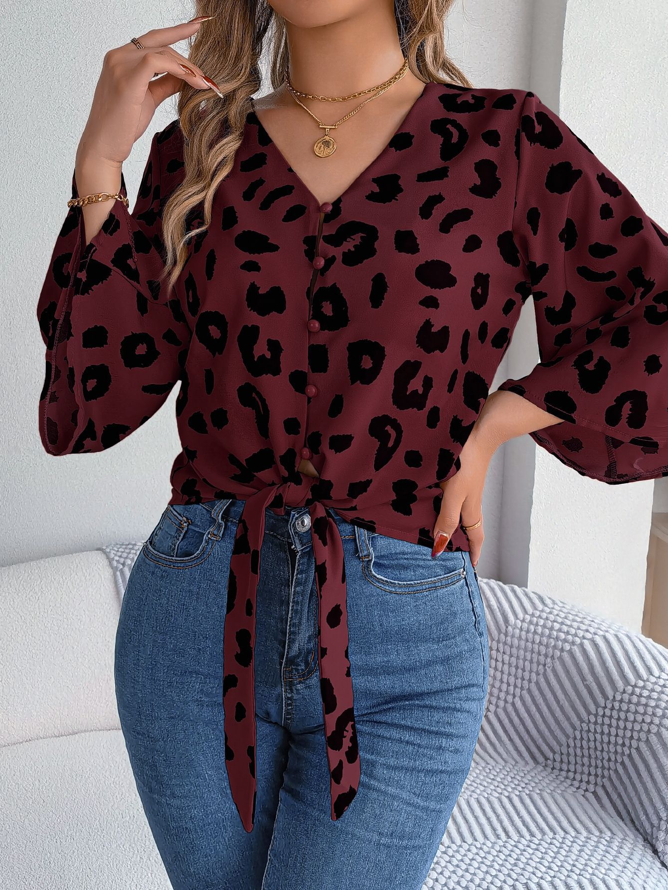 Women  Casual Leopard Print Tie Chiffon Blouse Top