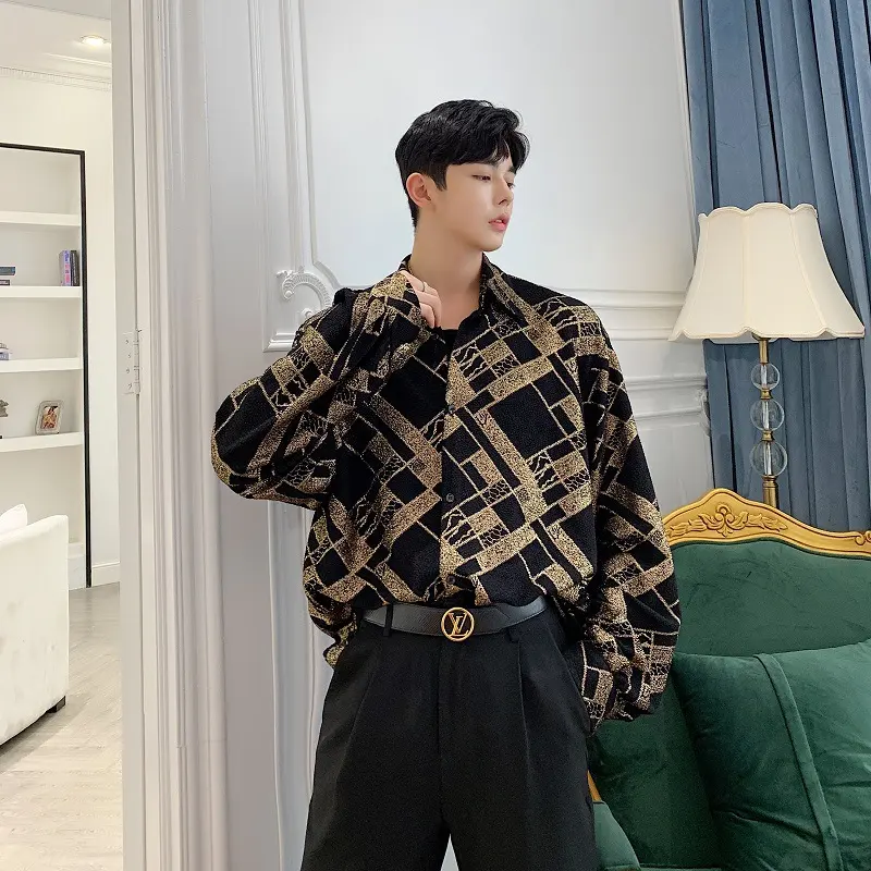 Trendy Men's Shirt Gold 3D Long Sleeve Men