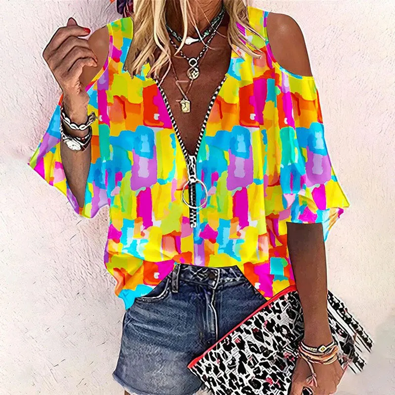 Summer New Fashion Printed Zipper V-neck Half Sleeve T-shirt For Women - Color