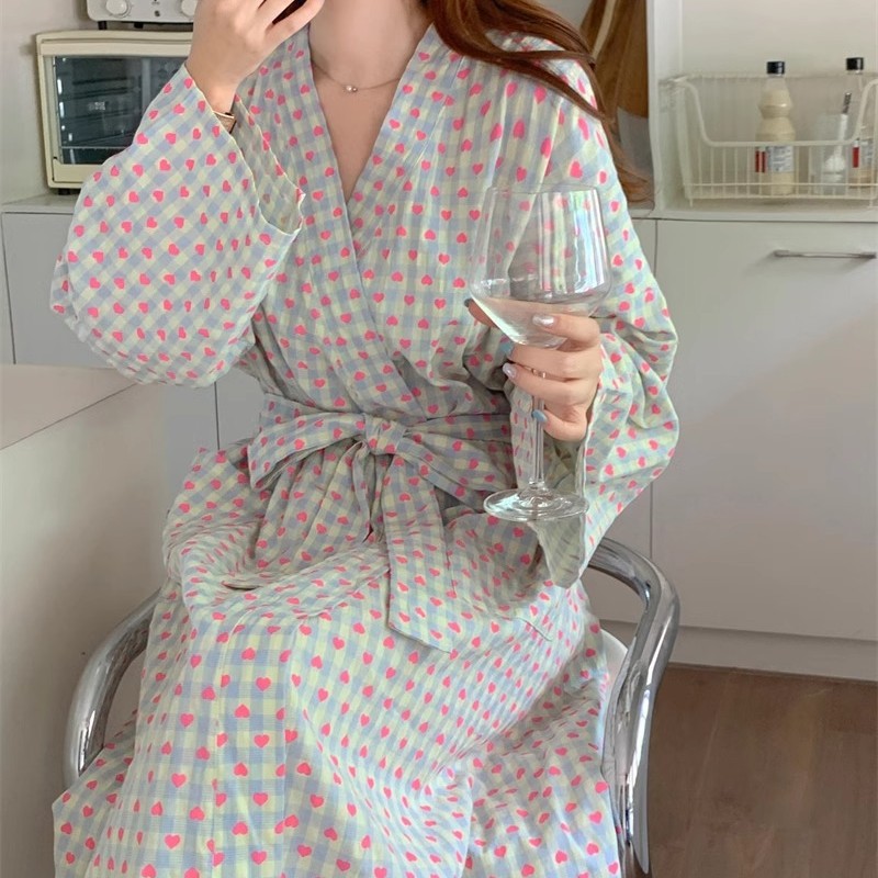 Sweetheart Checked Pajama Robe Spring Autumn New Style, Loose Fitting, Comfortable Mid Length Loungewear For Home
