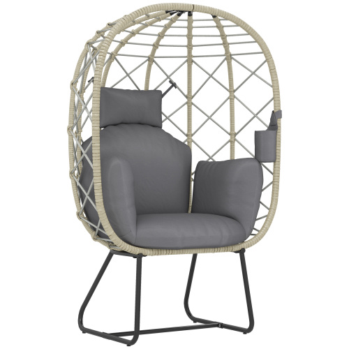 Outsunny Rattan Egg Chair Outdoor Indoor Wicker Chair With Thickened Cushion And Headrest, Standing Garden Egg Chair With Cup Holder, Metal Frame F... Grey - Shop at LoveMi