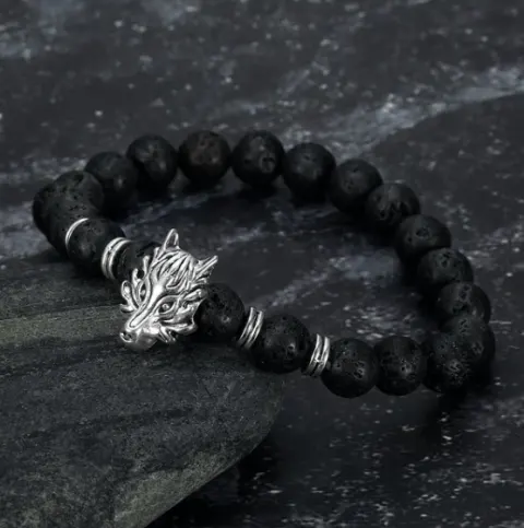 Asgard Crafted Grey Wolf Head and Lava Stone Bracelet