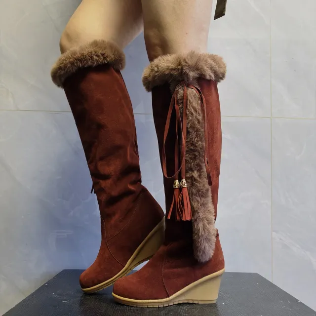 Winter Plush Long Boots For Women Combat Boots Wedges Shoes Brown - Shop at LoveMi