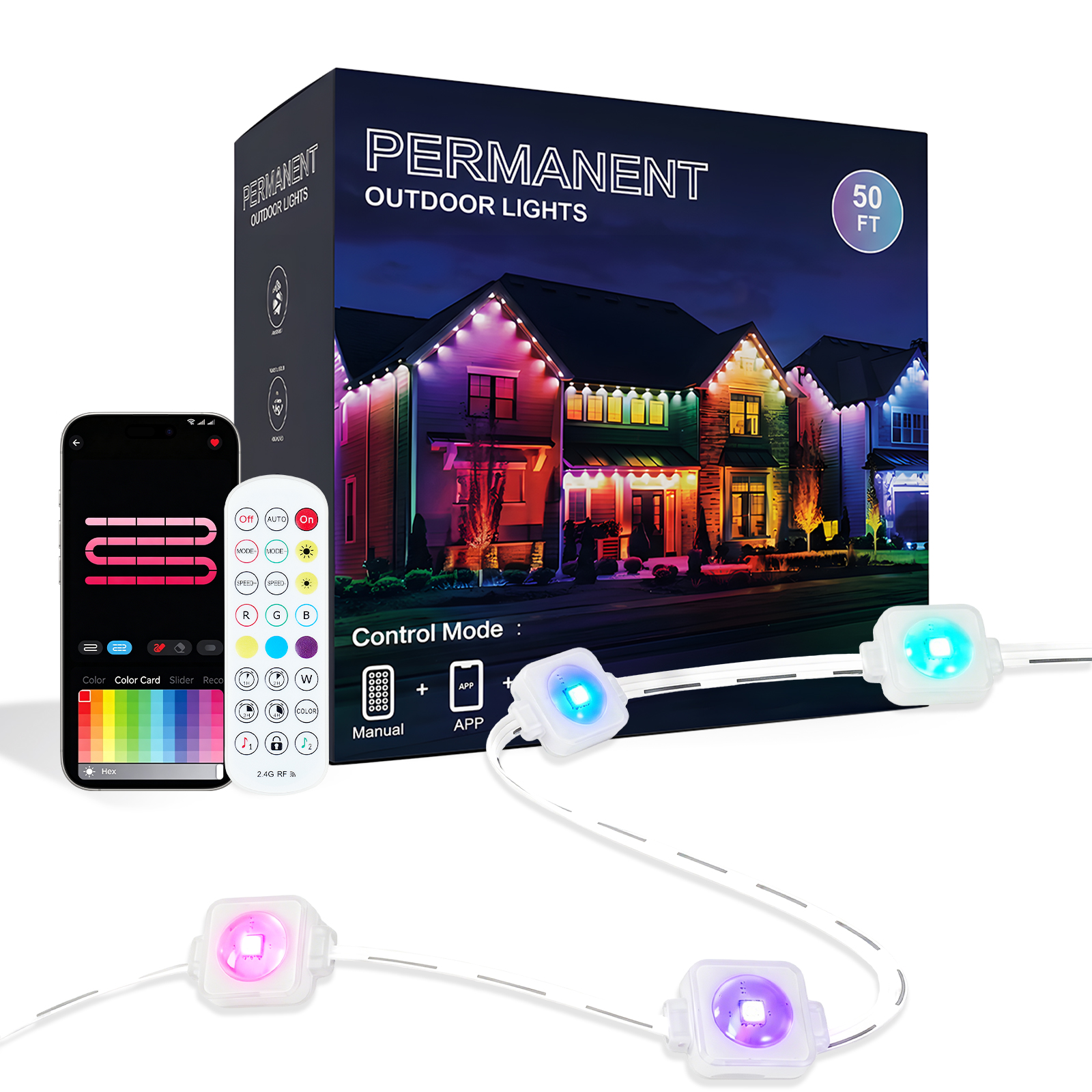 Outdoor Light,50ft With 30 LED Eaves Lights,Smart RGB Outdoor Lights With 75 Scene Modes,IP67 Waterproof,for Halloween Decorations,Christmas,Holiday,Party,with App And Remote — foto 6