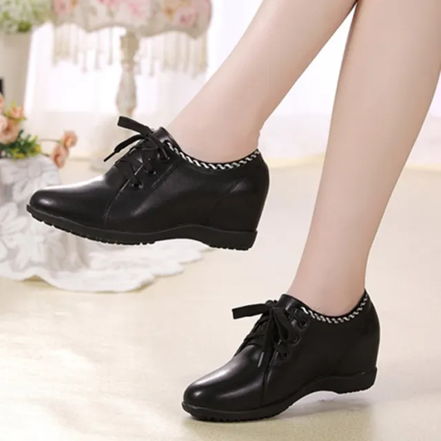 Fashion Round Toe Lace Up Flat Rubber Women's PU Shoes Black - Shop at LoveMi