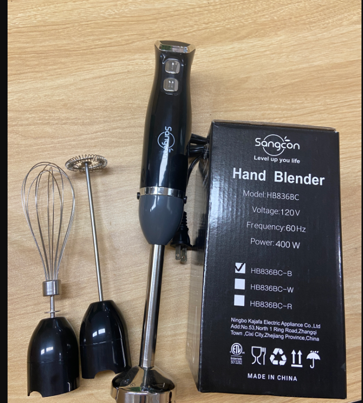 Immersion blender handheld with stainless steel blade, whisk, and milk frother attachments in black color