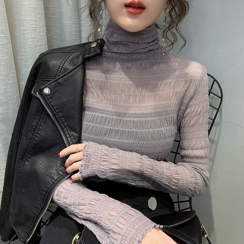 Slim-fit Pleated High-neck Lace Long-sleeved Mesh Sexy Top