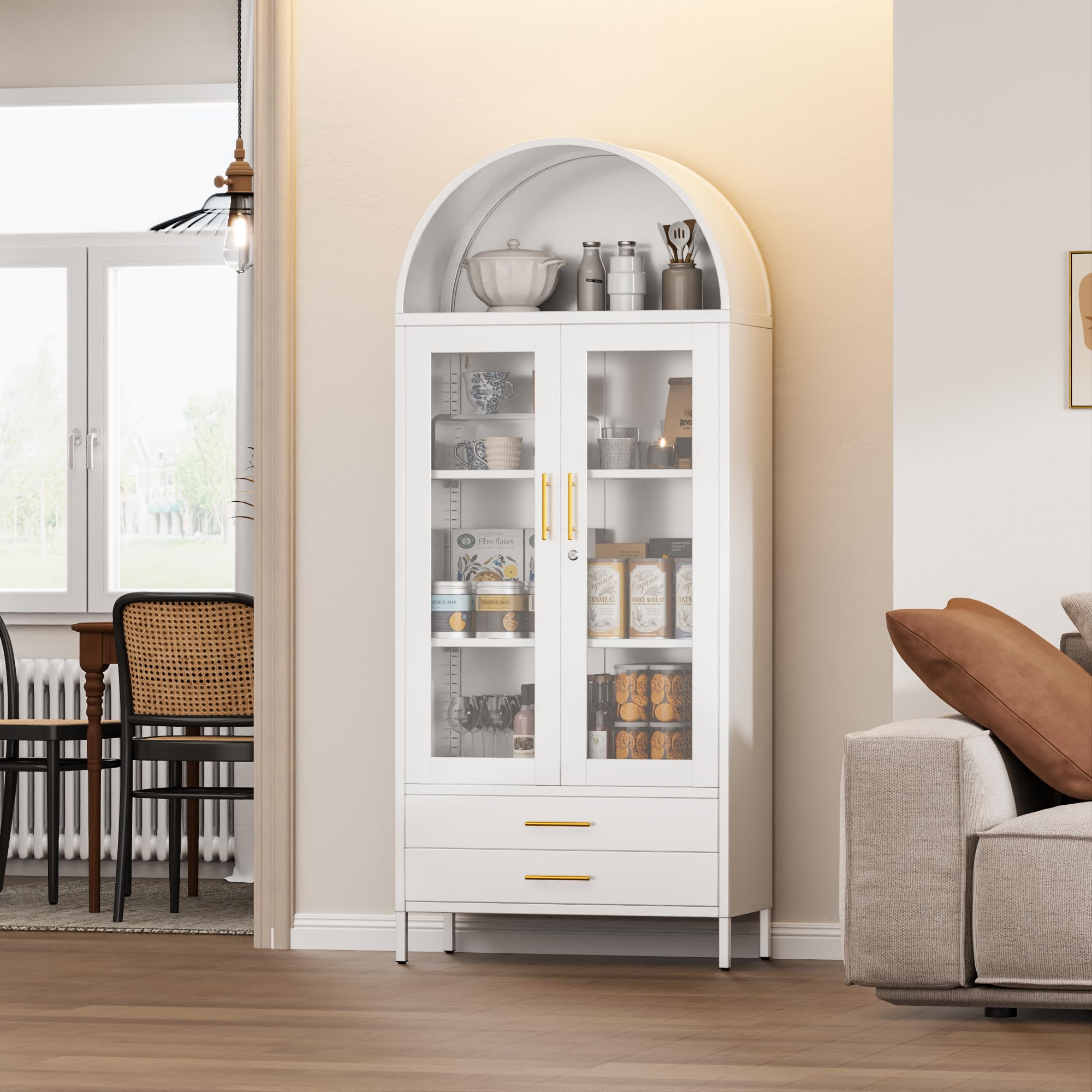73'' Tall Metal Arched Display Cabinet With Glass Doors, Freestanding Arch Kitchen Pantry Cabinet With 2 Drawers For Home Office Bookcase White