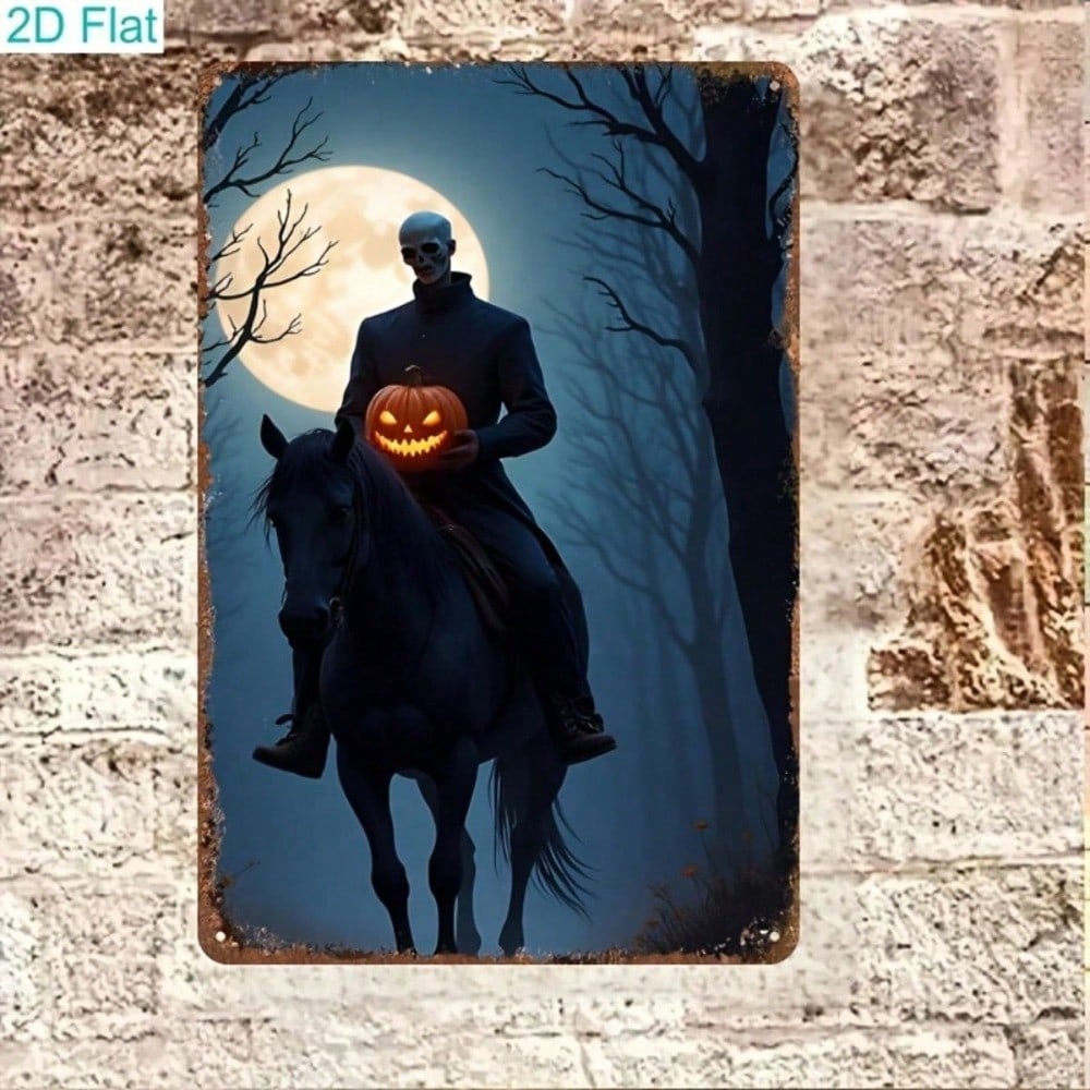 Vintage Halloween Metal Tin Sign 8x12, Spooky Horseman Pumpkin Lantern Art