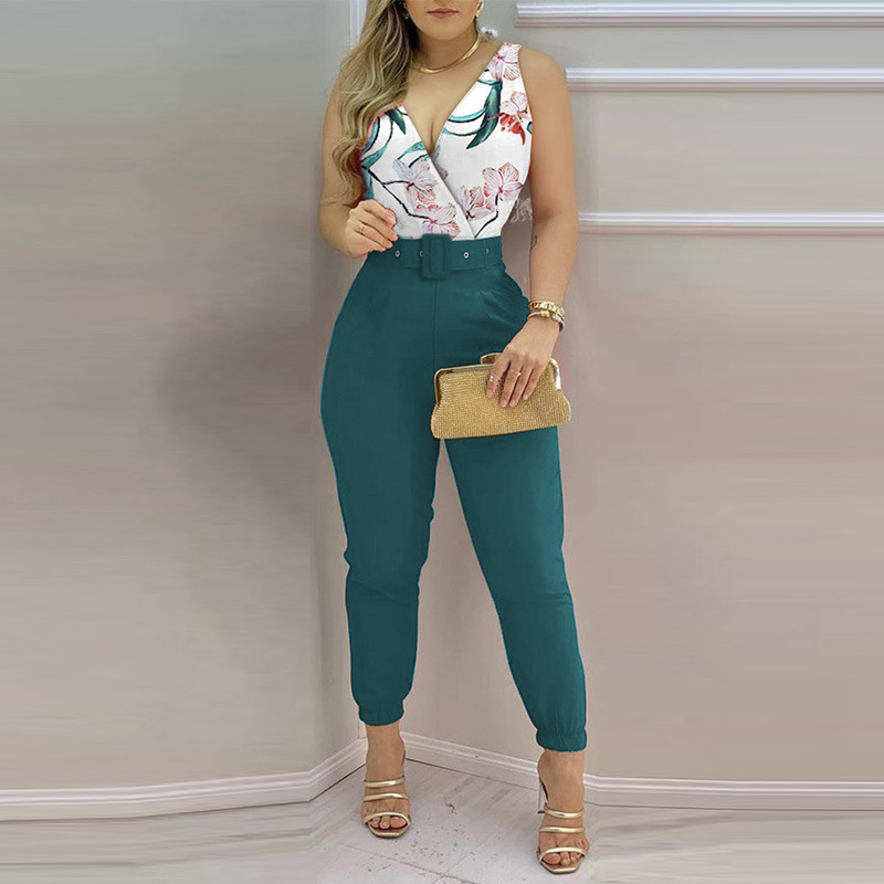 Women’s V-Neck Backless Printed High Waist Jumpsuit