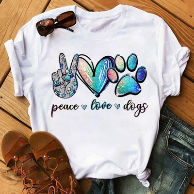 Title 3, Dog Paw Print Short-sleeved Round Neck Ladies T...