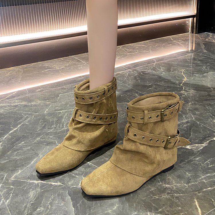 Women Retro Round Toe Buckle Long Boots, New Maillard Style Side Zipper Block Heel Platform Fashion Boots