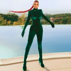 Fashion Turtleneck Long Sleeve Finger Wrap One Piece Ladies Velvet Jumpsuit - Green - View 1