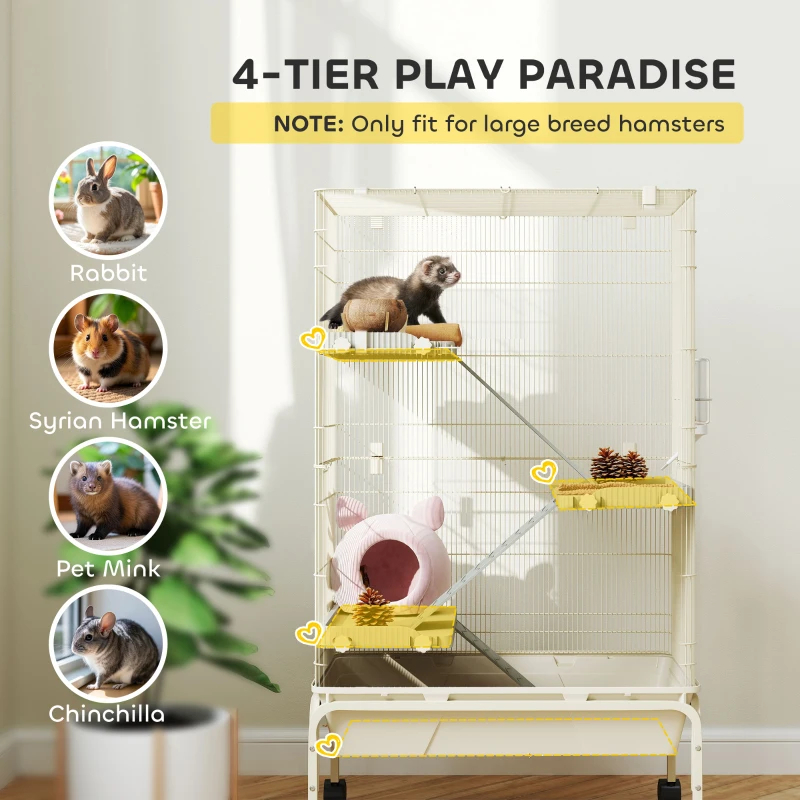 47inch Small Animal Cage, 4 Levels Large Rolling Metal Ferret Cage W 5.9Deep Tray, Ramps, Water Bottle, Food Dish, Beige