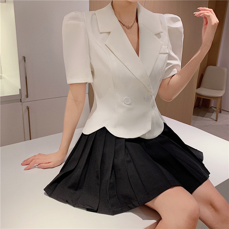 Retro Puff Sleeve Small Suit Casual Irregular Waist Top